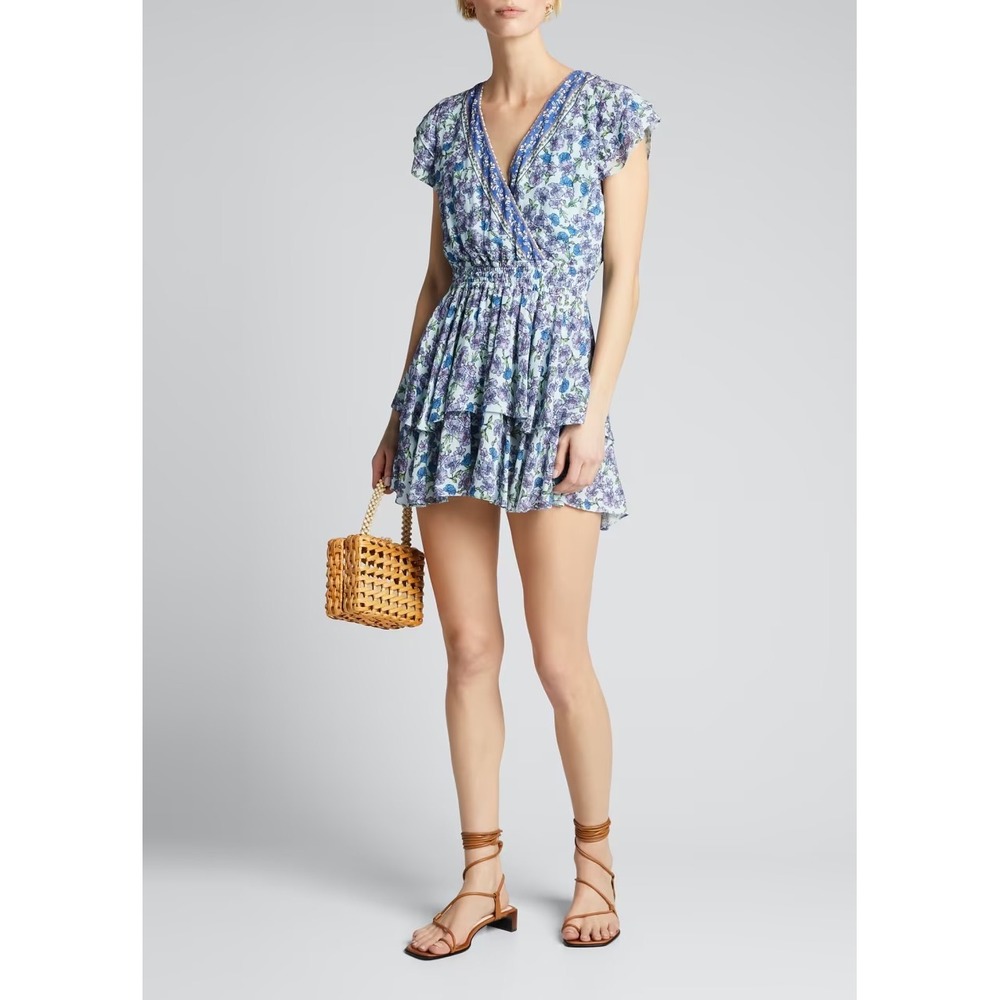 Alice + Olivia Mariska Ruffle Skort Romper In Blue Floral Size 6 Feminine Dainty